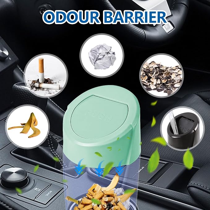 Mini Car Trash Can with Lid, Portable Garbage Can for Car, Leakproof Cup Holder Automotive Garbage Bin with 2 Rolls of Trash Bags, Small Trash Storage Can for Car Home Office(Light Green)