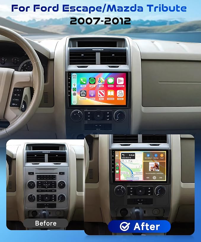 8 Core 6G+128G Android 15 Car Stereo Radio for Ford Escape Kuga Mazda Tribute 2007-2012 Wireless Carplay/Android Auto 9'' HD IPS Sereen with 5.0 Bluetooth WiFi GPS SWC FM/RDS Radio Backup Camera