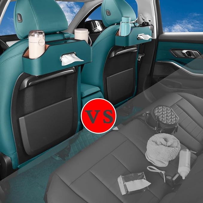 Car Back Seat Organizer with 2 Drink Cup Holder - Tissue Box and Storage Box Hook - Multi-functional Storage - Great for Kids and Travel (Blue)