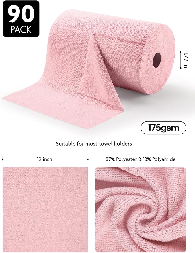Microfiber Cleaning Cloth Roll -90 Pack, Tear Away Microfiber Towels, 12" x 12", Reusable, Washable, Scratch Free, Ultra Absorbent Dishcloth for All-Around Cleaning Supplies (Pink)