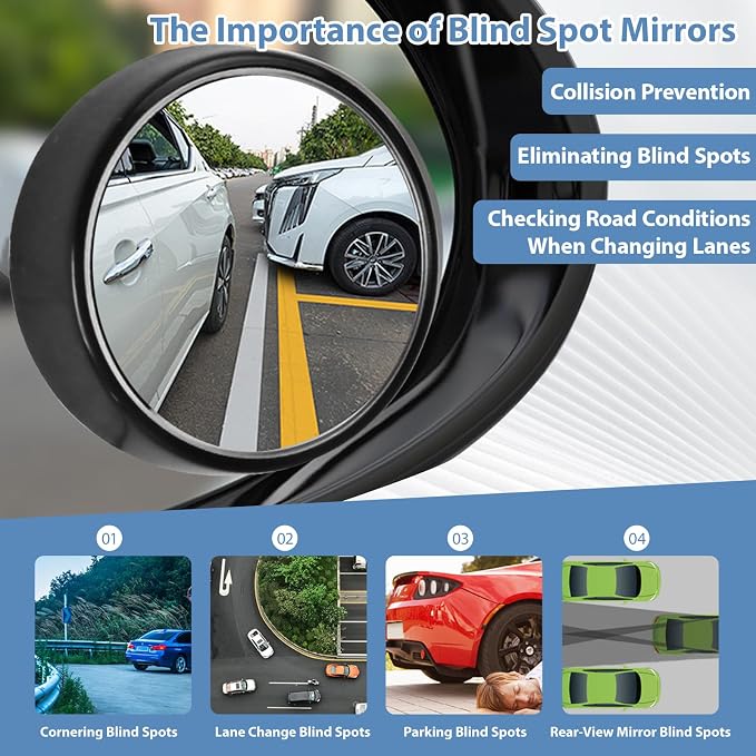 Blind Spot Mirror, HD Glass & ABS Housing, 360° Adjustable Convex Wide Angle Rear View Mirror, Stick-On Universal Fit for Car SUV Truck RV Van, Black (4, Round, Black Stick)