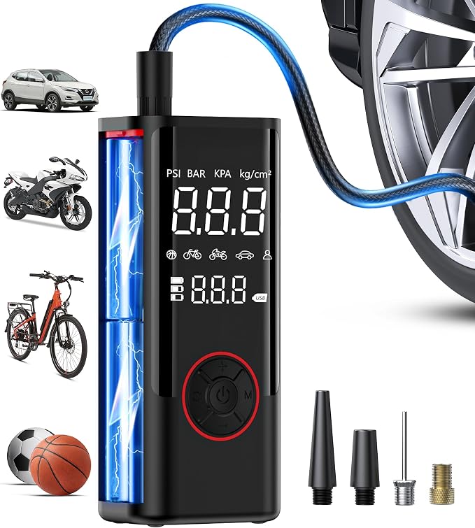 Tire Inflator Portable Air Compressor, Cordless Air Pump for Car Tires with Pressure Gauge, Battery & 12V DC Dual Power Bike Tire Pump, 150PSI Portable Tire Inflator for Car, Motorcycle, Bicycle, Ball