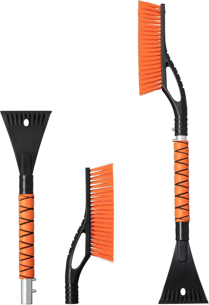 27" Aluminum Snow Brush and Ice Scraper 2-in-1 Detachable Winter Car Snow Tool with Non-Slip Foam Handle and Scratch-Free Bristles for Windshield and Window Cleaning, Orange
