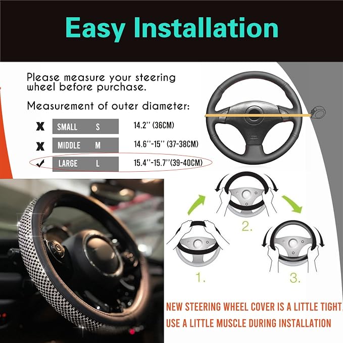 Large Size Bling Comfy Steering Wheel Cover with Jumbo Crystal Rhinestones, Anti-Slip Diamond Leather, 15.5-15.75 Inch (Black)