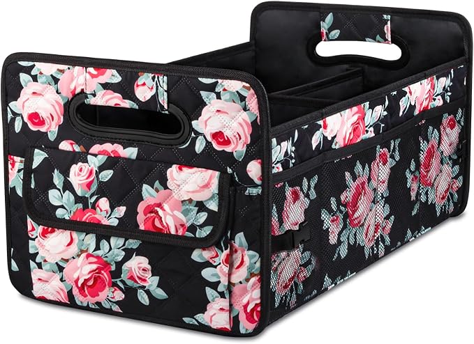 Car Trunk Organizers and Storage for SUV, Collapsible Multi Compartment Container Box Adjustable Car Accessories for Women Men, Black Floral