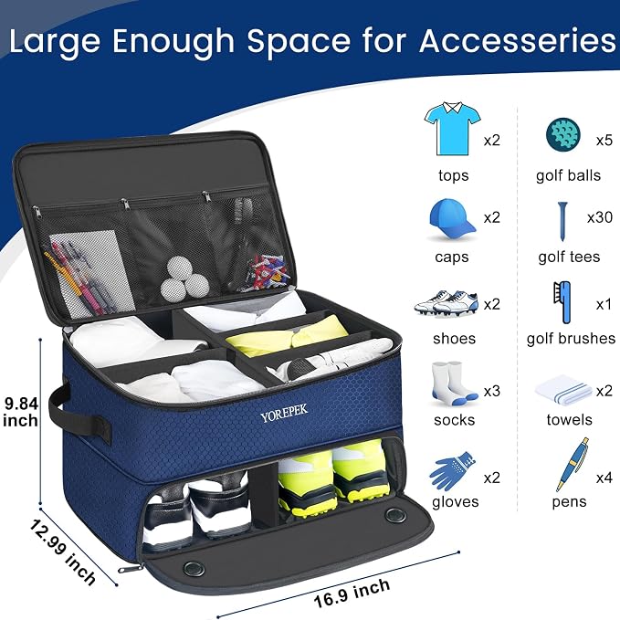 2 Layer Golf Trunk Organizer, Golf Gifts for Men with Separate Ventilated Compartment for 2 Pair Shoes, Waterproof Car Trunk Locker for Balls, Tees, Clothes, Gloves, Gifts for Golfers