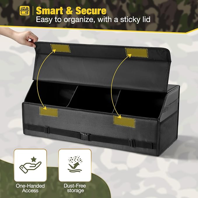 Car Trunk Organizer for SUV and Sedan, Tactical‑Black, 29.5 in | Tactical & Aerospace Oxford, Extra‑Large, Hinged Lid, Collapsible & Adjustable, Water‑Resist & Dust‑Proof