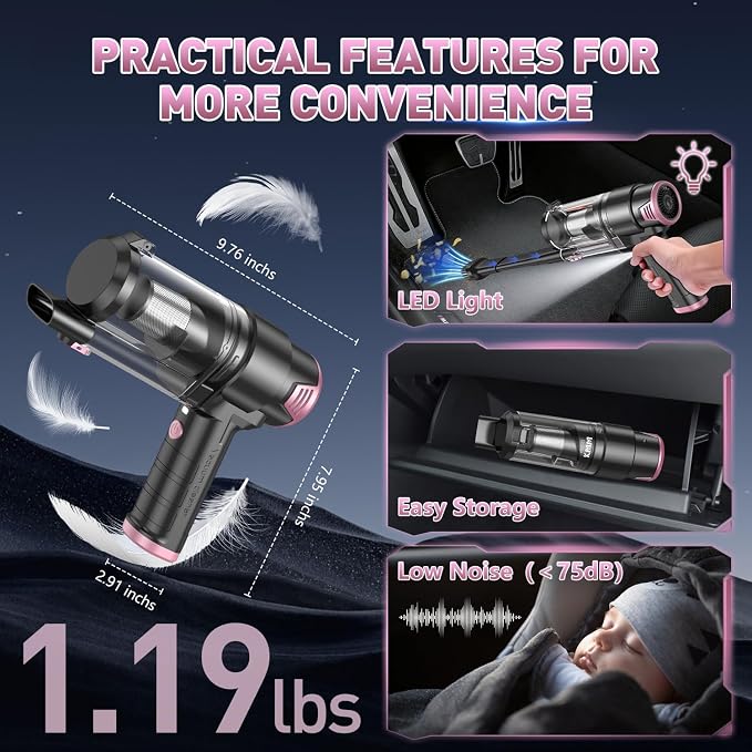 Handheld Car Vacuum Cleaner, 16000PA Air Duster & Vacuum Cleaner, 120W High Power Hand Held Vacuum Cordless, Portable Vacuum Rechargeable with Multi-Nozzles & LED Light for Car, Home, Pet, Office