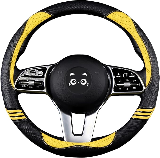 Steering Wheel Covers with Leather and Anti-Slip Rubber Ring, Universal Fit 14.5-15 inches for Cars,SUV (Yellow/Black)