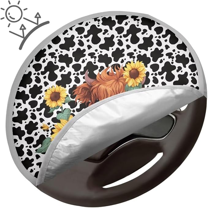 Highland Cow Steering Wheel Sun Shade Cover Sun Foil Anti-Heat Steering Wheel Cover Sunflower Pattern Steering Wheel Sun Heat Shield for SUV Truck Van