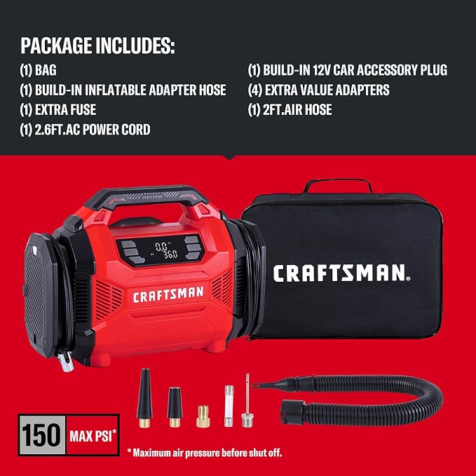 Dual Power Tire Inflator with Digital Gauge & Auto Shut-Off | 12V DC Car Plug and 120V AC Home Use with Up to 150 PSI, LED Light, Portable Air Pump for Car Tires, Bikes and Inflatables