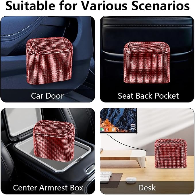 Car Trash Can with Lid, Bling Crystal Mini Vehicle Trash Bin Car Dustbin Garbage Organizer, Automotive Garbage Can Bin Trash Container for Auto Cars, Home, Office - Red …