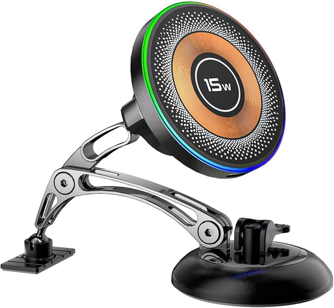 Magnetic Wireless Charging Car Phone Holder with 15W Fast Charging & Strong Vacuum Suction, 360° Rotatable Dashboard & Windshield Mount for Magsafe iPhone 17/16/15/14/13 Android Galaxy S24/S23/S22