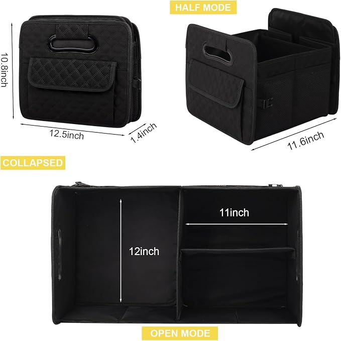 Car Trunk Organizer for SUV, Car Storage Organizer Collapsible Multi Compartment Container Box, Adjustable Car Accessories for Women/Men, Black