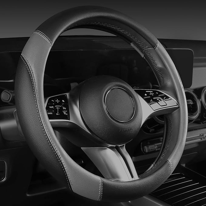 Faux Leather Steering Wheel Cover and Waterproof Car Floor Mats,Universal Car Combo Fit for 95% Sedan,SUV,Cars,14.5-15inch Sporty Anti-Slip Safety Comfortable Design(Black＆Gray)