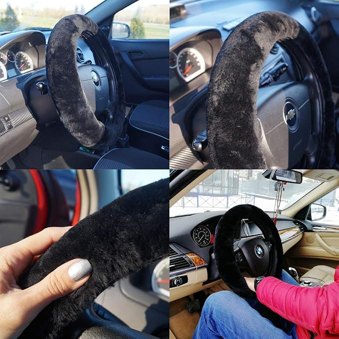 Soft Fluffy Plush Sheepskin Car Steering Wheel Cover for Universal Auto Vehicle Women Man 14 1/2 inch-15 1/2inch Fuzzy Accessories Whole Sheepskin Black