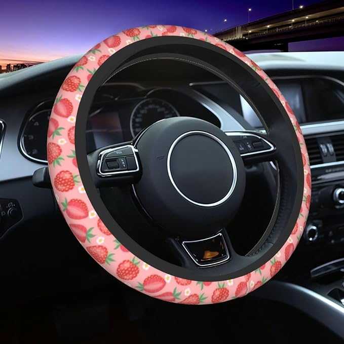 Cute Pink Strawberry Steering Wheel Cover Anti-Slip and Practical 14.5-15 Inch Universal Steering Wheel Cover with 2 Pieces Car Coasters Suitable for Men Women