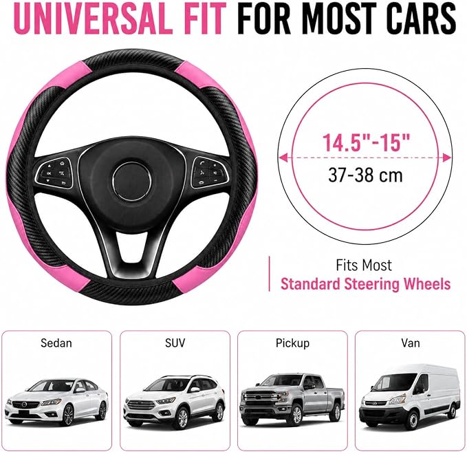 Car Steering Wheel Cover 15 inch, Microfiber PU Leather Elastic Steering Wheel Protector, Anti-Slip Breathable Car Interior Accessories for Most Cars (Pink)