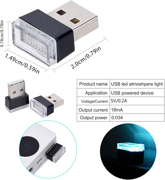 4Pcs Ice Blue USB Car Interior Atmosphere Lamps, Universal Mini Led USB Lights for Car Decoration, Lighting