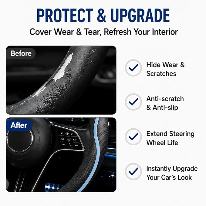 Car Steering Wheel Cover Full Surround - Soft Breathable Anti-Slip Heavyweight Safety Cover, Thick Cushioned Sports Style Universal Fit for Auto Truck SUV (Black/Sky Blue)