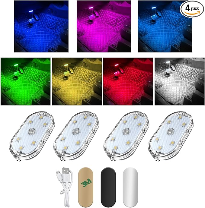 4 PCS Wireless Led Lights for Car Interior, 7 Colors Magnetic Auto Ambient Light with 6 Bright LED Lamp Beads, USB Rechargeable Vehicle Led Night Light, Car Accessories (Colorful)