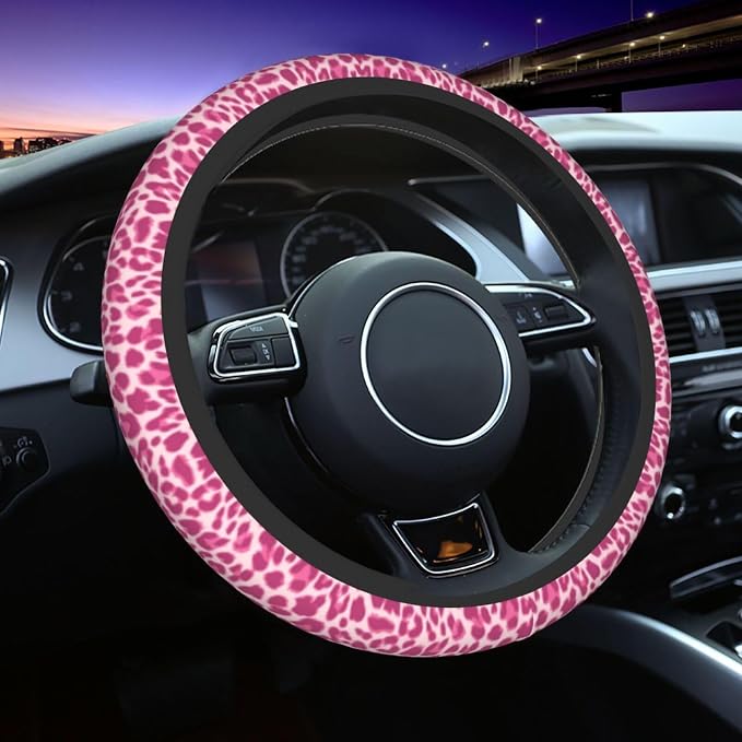 Leopard Print Steering Wheel Cover Anti-Slip Universal for 14.5-15 Inch Car Steering Wheel Cover with 2 Pieces Car Coasters Suitable for Men Women