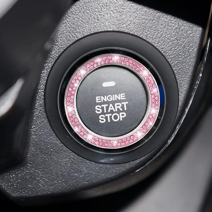 Car Bling Crystal Rhinestone Engine Start Ring Stickers, 1 Single Drainage Drill and 1 Double Drainage Drill Car Start Button Cover, Key Ignition Knob Bling Ring Decals, Car Accessories(Set Pink)