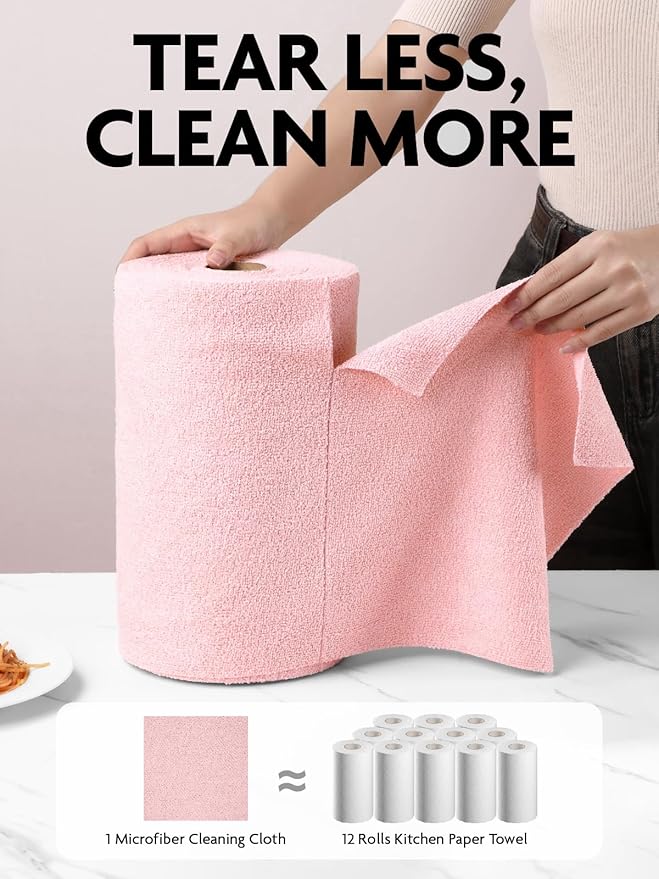 Microfiber Cleaning Cloth Roll -40 Pack, Tear Away Microfiber Towels, 12" x 12", Reusable, Washable, Lint Free, Ultra Absorbent Dishcloth for Car, Pet, Kitchen Cleaning Supplies (Pink)