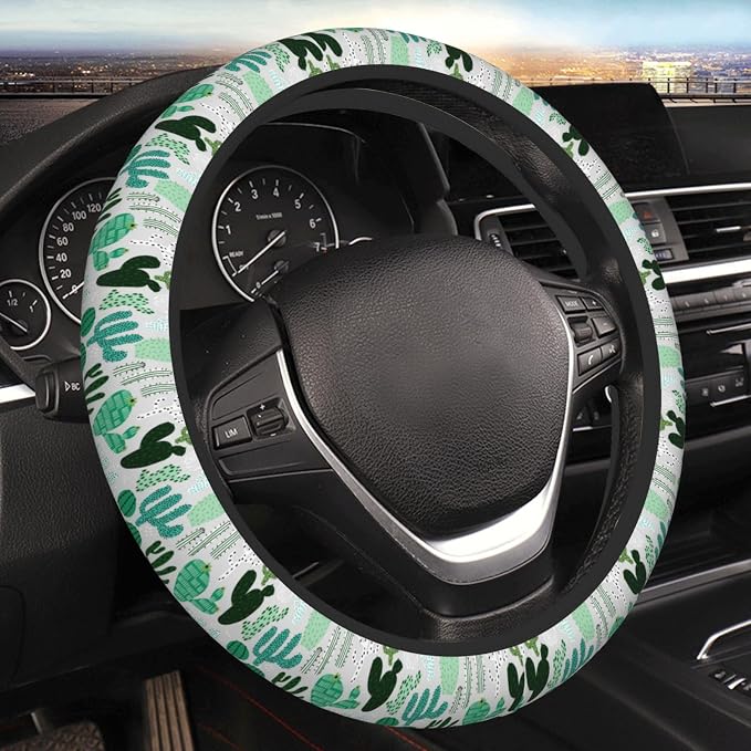 Cactus Steering Wheel Cover Anti-Slip and Practical 14.5-15 Inch Universal Car Steering Wheel Cover with 2 Pieces Car Coasters Suitable for Men Women