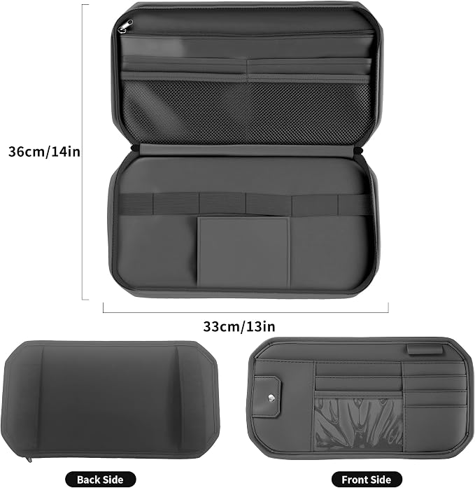 Car Sun Visor Organizer with Zipper Pockets PU Leather Storage Bag with Elastic Straps and Glasses Clip Sunvisor Organizers for Car SUV Truck