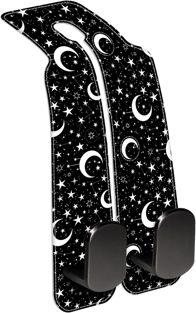 1 Pack Car Seat Headrest Hooks for Purses and Bags White Stars and Moons Bag Purse Holder for Car with Double Metal Hooks Car Purse Hanger Hanging Accessories
