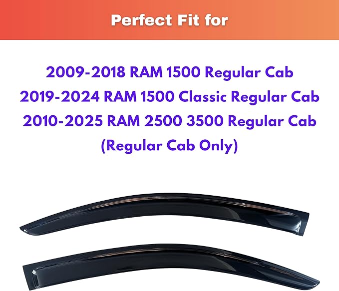 KPY Rain Guards Fit for 2009-2018 RAM 1500 Regular Cab, 2019-2024 RAM 1500 Classic, Out-Channel Window Visors Vent Wind Deflector 2PC, Truck Accessories for 2010-2025 RAM 2500 & 3500 (Single Cab Only)