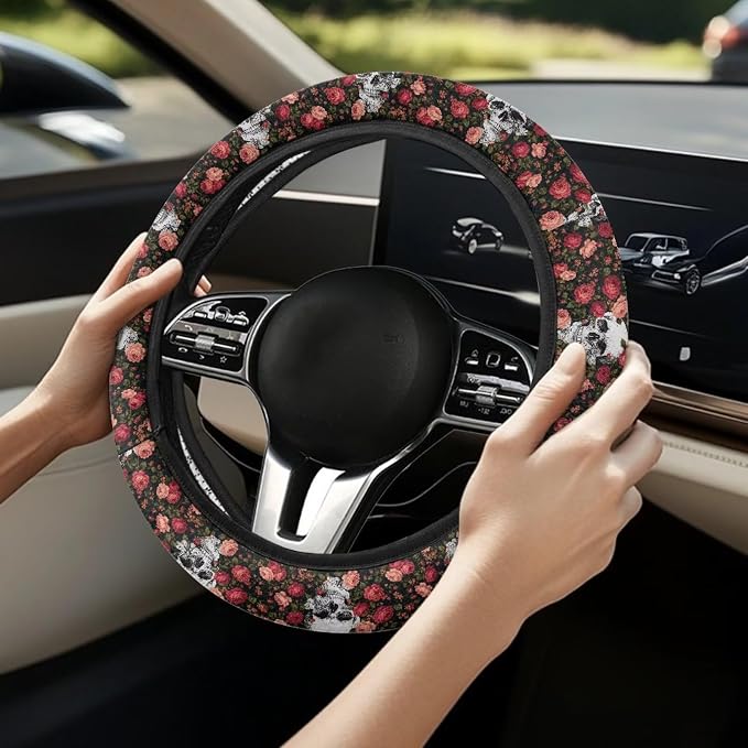Auto Steering Wheel Covers Anti-Slip Safety Stretch-on 14-15 inch | Skull Flower Print, Steering Wheel Protector with Cloth for Women Keep Warm Comfort Grip Sweat Absorption Neoprene
