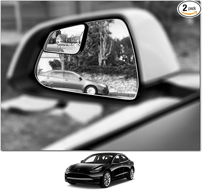 Blind Spot Mirrors - Compatible with Tesla Model 3 - Extended View - Custom Contoured - Convex - Black - Set of 2-2 Piece Set (Left & Right)
