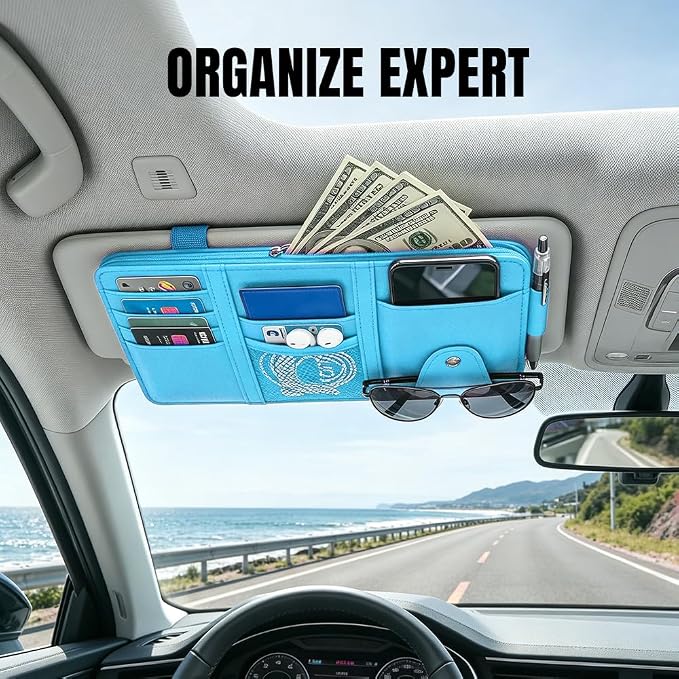 Car Sun Visor Organizer, Truck Visor Organizer, Leather Multi-Pocket Auto Visor Storage Pocket Pouch Holder with Zipper, Auto Accessories Storage Bag for Driving License Card Pen (Sky Blue)