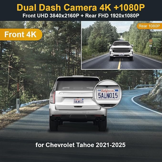 Front 4K+Rear 1080P Dash Cam Adapts for Chevy Tahoe 2021-2026 (HD2-4925, 6 or 8 Vents) LS LT RST Premier High Country, OEM Style, Dual HD Video, WiFi&APP, Loop Recording, G-Sensor, 128GB Card