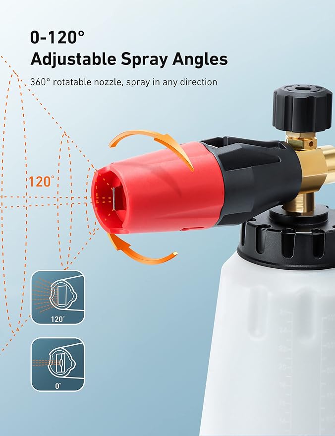 Foam Cannon, Heavy Duty Car Foam Sprayer Attachments, Wide Neck Adjustable Snow Foam Lance and Thick Foam for Pressure Washer Car Wash, 1/4" Quick Connector, 1L Bottle & 5 Nozzle Tips