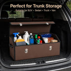 Car Trunk Organizer with Lid, Foldable Faux Leather Storage Box | Foldable design, faux leather exterior, 3 compartments