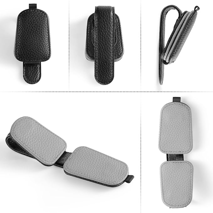 Sunglasses Holder for Car, Leather Magnetic Buckle Sun Visor Sunglass Clip, Ticket Card Storage Glasses Clip, Car Interior Accessories for Men and Women（Black-Gray）