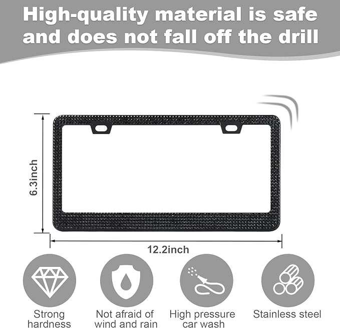 2 Pack Bling License Plate Frames for Women, Sparkly Rhinestone Diamond Car Accessories with Glitter Crystal Caps (Black)