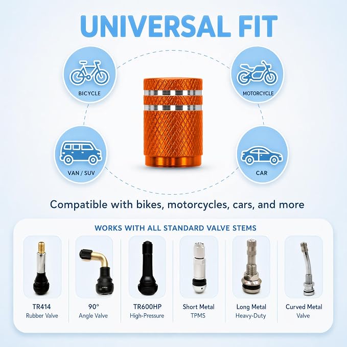 Tire Valve Stem Caps 8 Pack, Aluminum Tire Valve Caps with Plastic Liner, Corrosion Resistant Leak Proof Air Valve Caps, Universal Valve Stem Caps for Cars, Trucks, SUVs, Motorcycles and Bikes