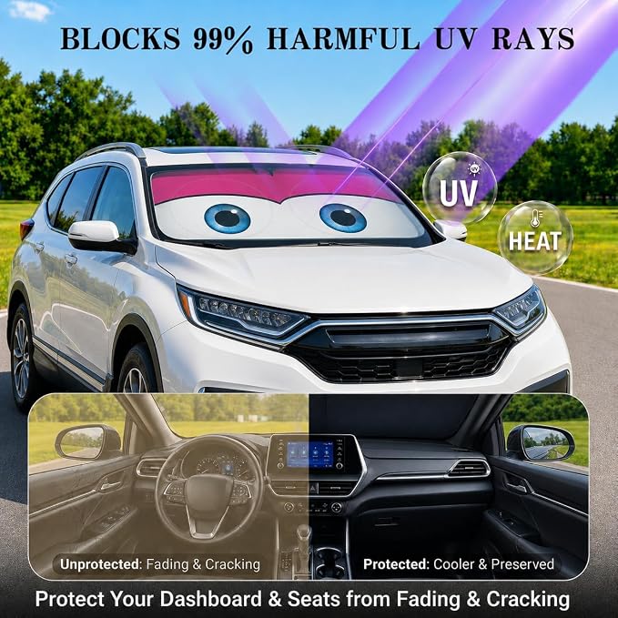 Car Windshield Sun Shade, Universal Fit Midsized Sedan SUV, Cute Pink | 63 x 31.5" Windshield Cover, Foldable Front Window Sunshade, UV Heat Protection, Cute Eyes Series