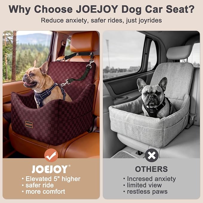 Elevated Dog Car Seat for Small/Medium Dogs up to 36 lbs, Memory Foam Booster Seat with Detachable Washable Cover, Travel-Safe Car Bed with Safety Belts & Storage Pockets, Red