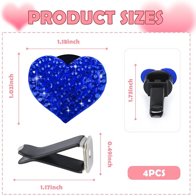 4PCS Heart-Shaped Car Vent Clips with Rhinestone,Bling Air Vent Clips Car Decorations,Premium Shiny Car Clips for Vents Accessories Interior (Royal Blue)
