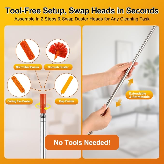 5-in-1 Duster with Extension Pole 100” Extendable Dusters for Cleaning Reusable Anti-Spin Dusting Kits for High Ceiling Fans, Cobwebs & Vents, Reinforced Stainless Steel Telescopic Handle