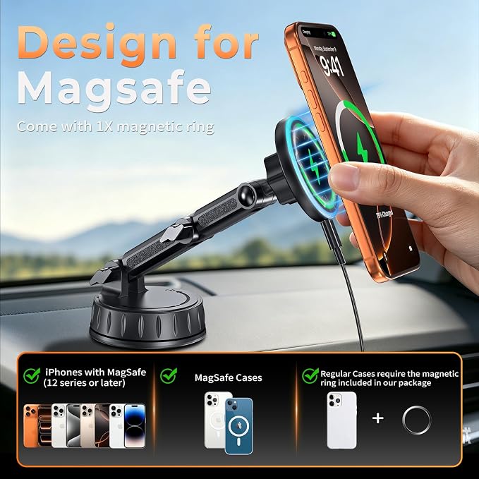 for MagSafe Car Mount Charger, Magnetic Phone Holder for Your Car Charger Dash/Windshield, Magnetic Adjustable Wireless Car Charger Fast Charging Phone Mount for iPhone 17 16 15 14 13 12