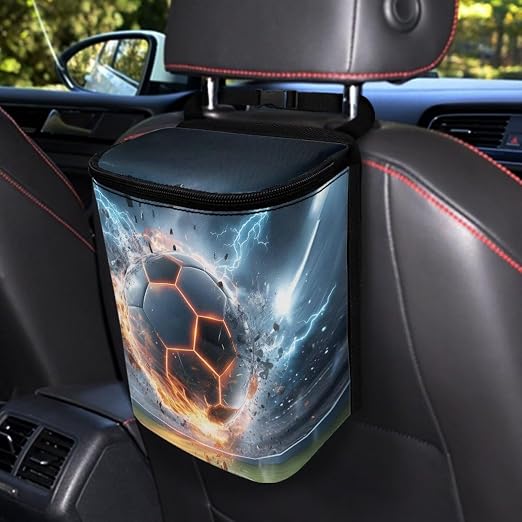 Soccer Ball Lightning Print Car Trash Can with Lid, Leak Proof Auto Trash Bag Hanging Vehicle Garbage Can Multipurpose Storage Container for Back Seat Road Trip