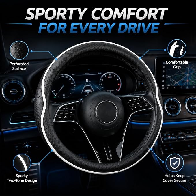 Car Steering Wheel Cover Full Surround - Soft Breathable Anti-Slip Heavyweight Safety Cover, Thick Cushioned Sports Style Universal Fit for Auto Truck SUV (Black/White)