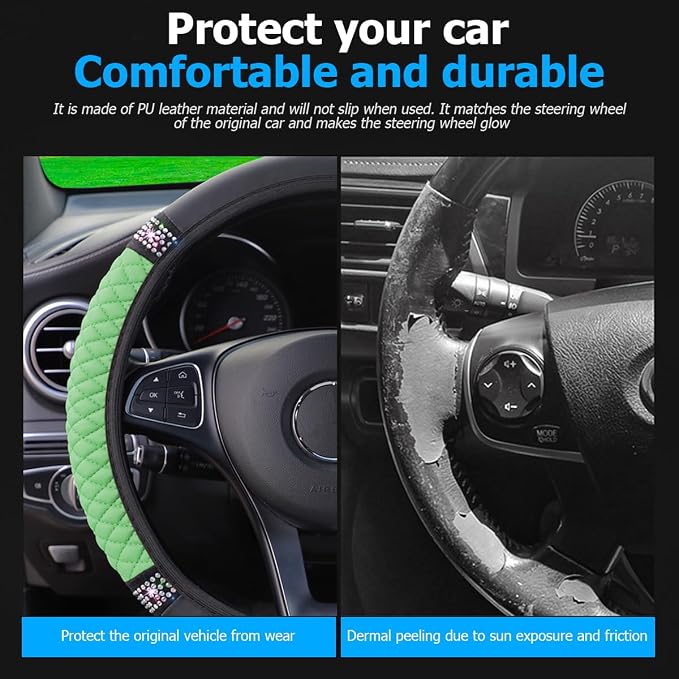 Bling Car Steering Wheel Cover, 15 Inch Rhinestones Soft Leather Elastic Steering Wheel Protector, Sparkly Crystal Diamond for Women Girls (Green)