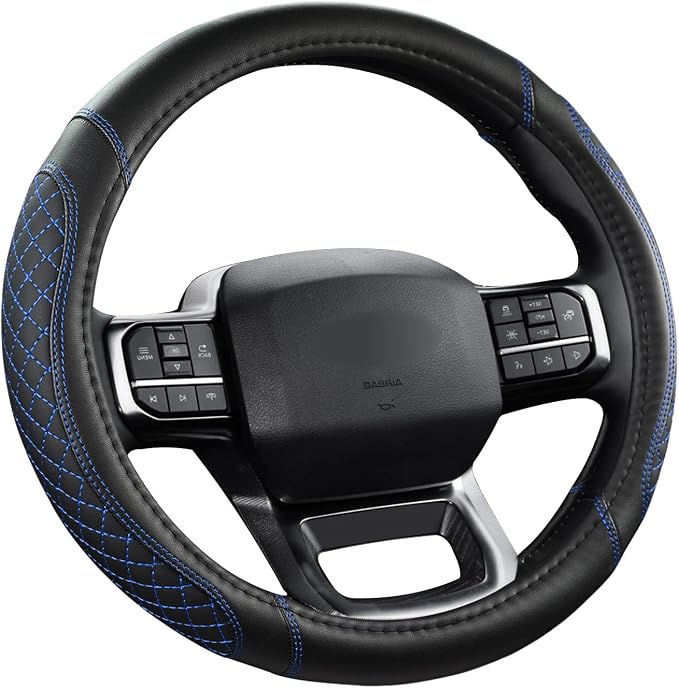 Customized Auto Car Steering Wheel Cover for Ford F-150, F-250, F-350, Expedition(Diamond Quilted - Black+Blue)